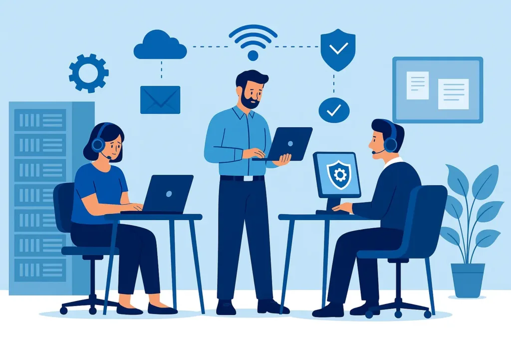 Illustration of three IT professionals working with servers, laptops, and cloud systems, representing business IT support and services.