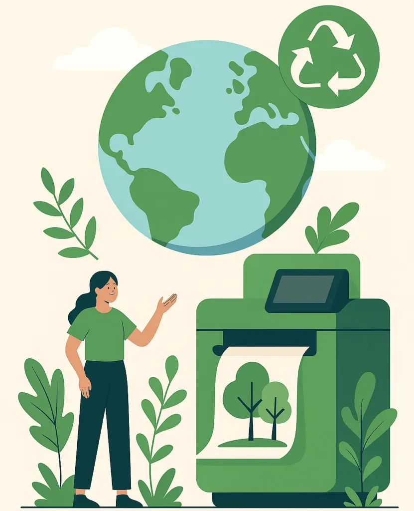 Illustration of a woman beside a green printer with trees on the printout, a globe and recycling icon above, symbolising eco-friendly managed print practices.