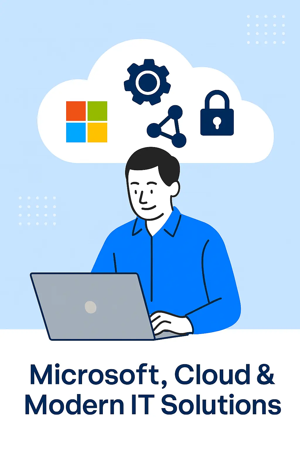 Illustration of professionals working with Microsoft tools and cloud systems, symbolising modern IT solutions and cloud-based IT support.