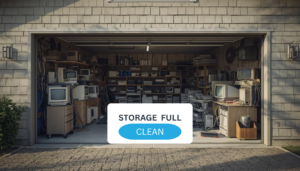 Garage full of old IT equipment. Image says 'storage full'